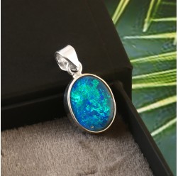 Natural Black Opal Doublet Pendant in 925 Sterling Silver #LXJ025