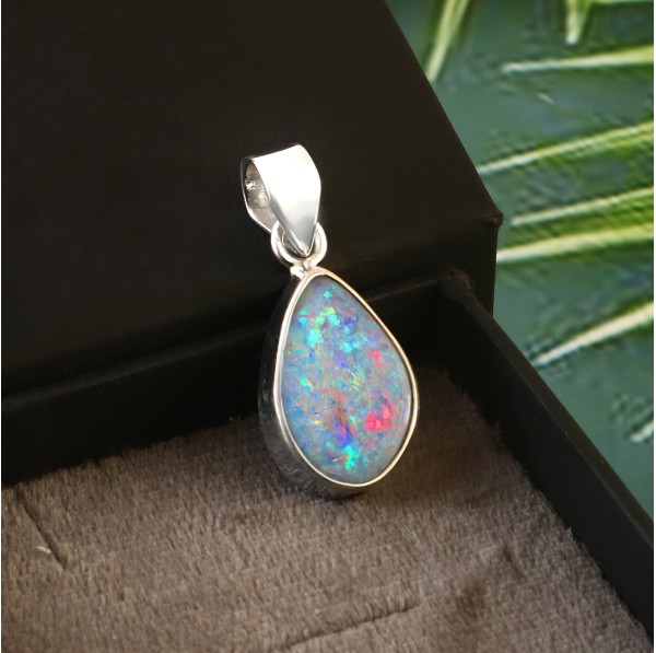 Natural Australian Opal Doublet Pendant in 925 Sterling Silver #LXJ027