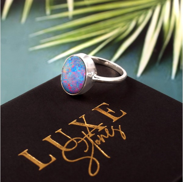 Australian Opal Doublet Ring in 925 Sterling Silver US-8.00