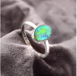 Australian Solid Black Opal Ring in 925 Sterling Silver US-7.25 #LXJ014