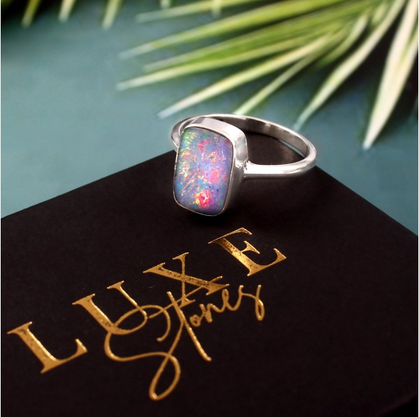 Australian Opal Doublet Ring in 925 Sterling Silver US-7.75