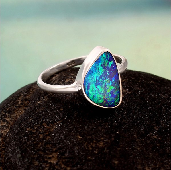 Australian Opal Doublet Ring in 925 Sterling Silver US-8.75