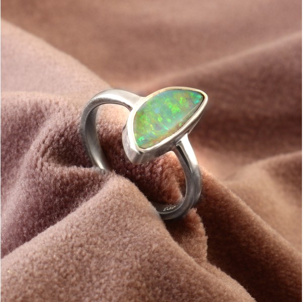 Natural Australian GEM Crystal Opal Ring in 925 Sterling Silver US-7.25 #LXJ020